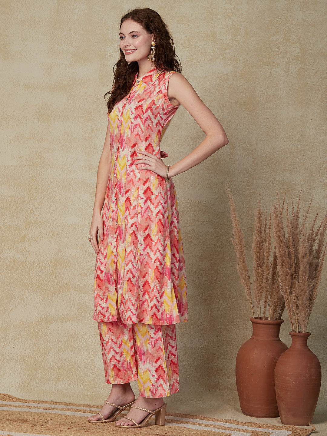 Abstract Printed Stone Studded Buttons Embellished Paneled Kurta with Palazzo - Peach