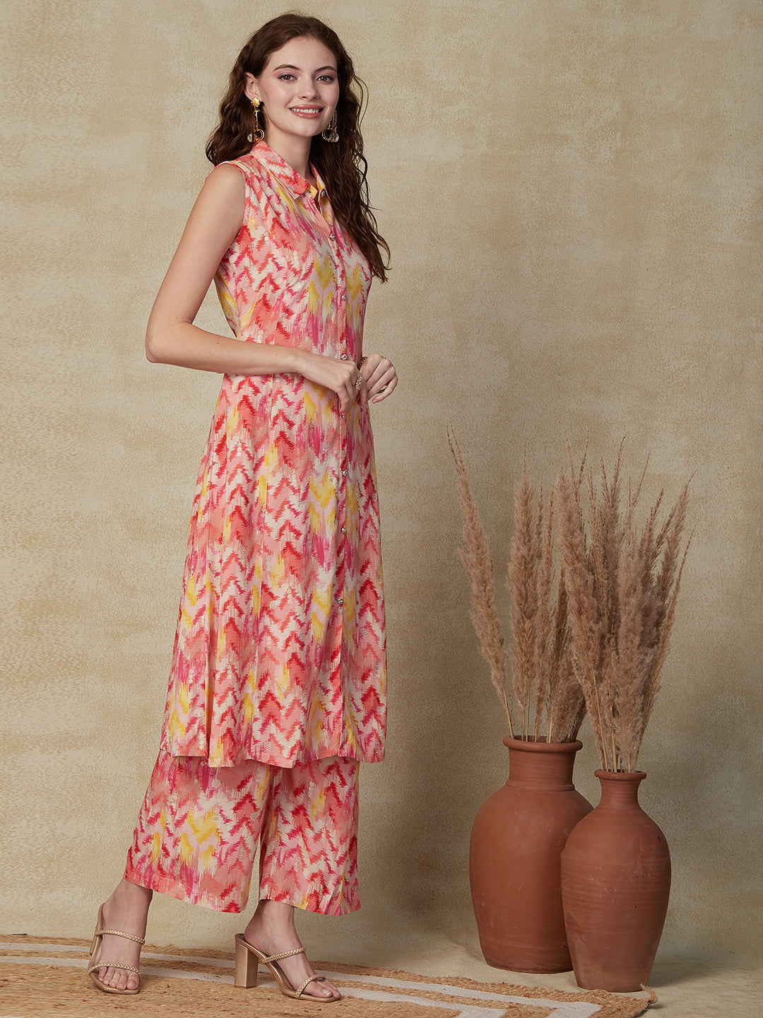 Abstract Printed Stone Studded Buttons Embellished Paneled Kurta with Palazzo - Peach