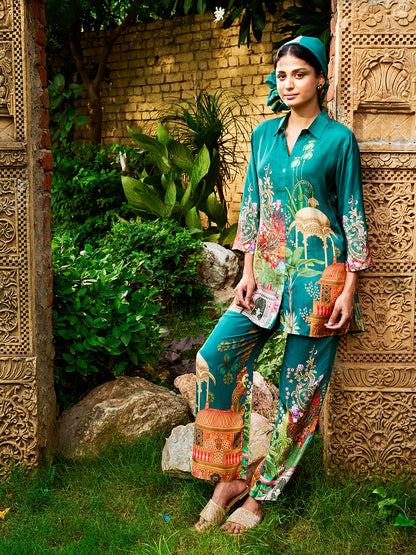 Floral & Ethnic Printed Mother-of-Pearl Buttoned Shirt with Pants Co-ord Set - Green