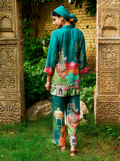 Floral & Ethnic Printed Mother-of-Pearl Buttoned Shirt with Pants Co-ord Set - Green