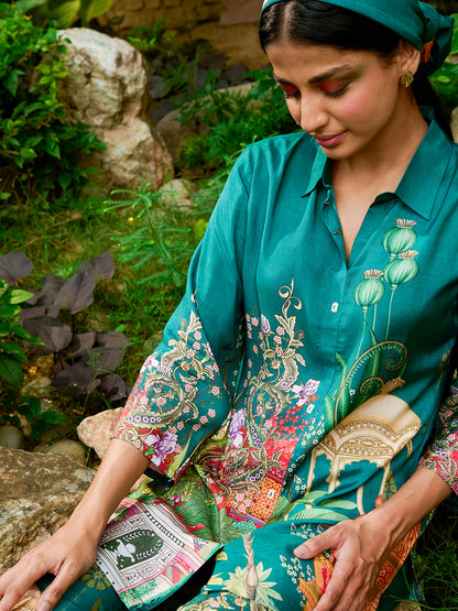 Floral & Ethnic Printed Mother-of-Pearl Buttoned Shirt with Pants Co-ord Set - Green