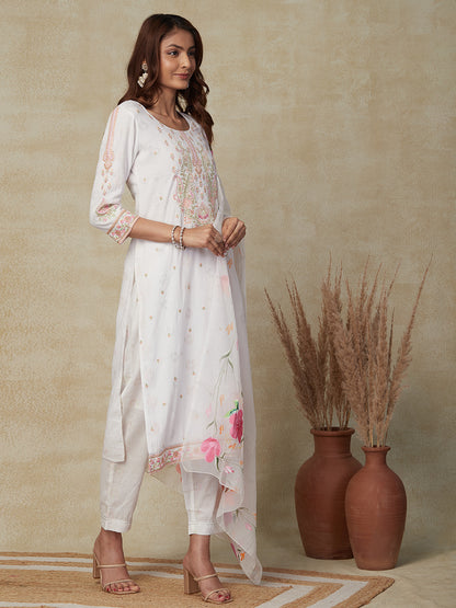 Ethnic Embroidered Straight Kurta with Pant & Hand Painted Dupatta - White