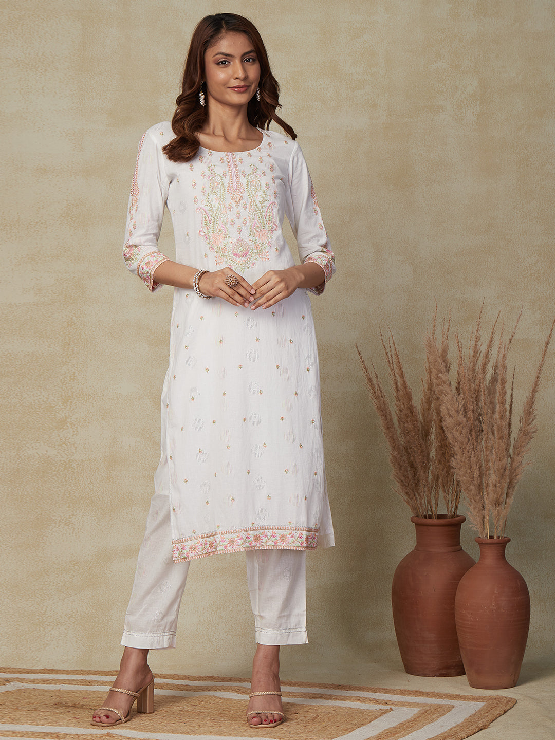 Ethnic Embroidered Straight Kurta with Pant & Hand Painted Dupatta - White