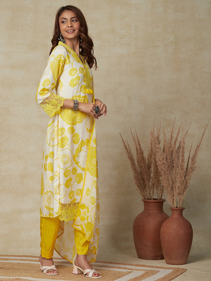 Floral Printed Resham Embroidered Lace Work Kurta with Pants & Dupatta - Yellow