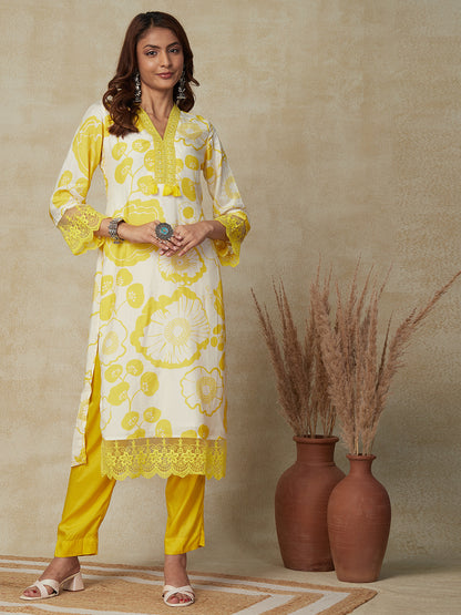 Floral Printed Resham Embroidered Lace Work Kurta with Pants & Dupatta - Yellow