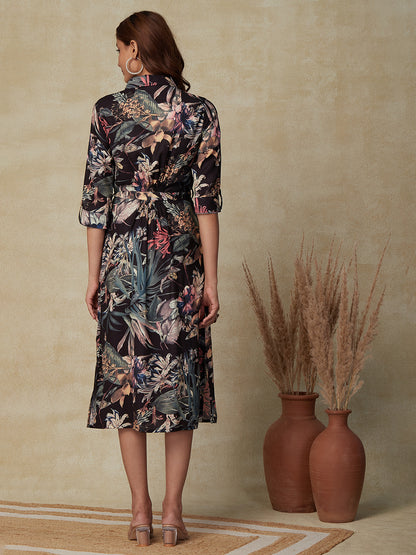 Floral Printed Buttoned Indo Western Shirt Dress with Tie-up Waist Belt - Black