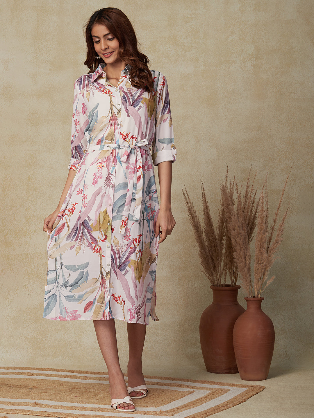 Floral Printed Buttoned Indo Western Shirt Dress with Tie-up Waist Belt - Off White & Multi