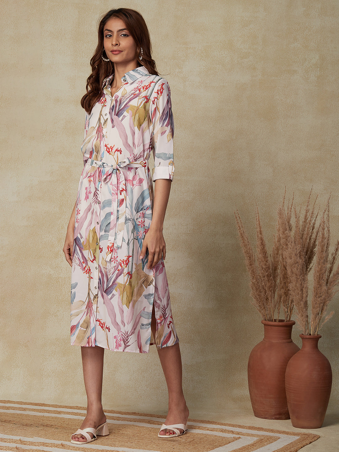 Floral Printed Buttoned Indo Western Shirt Dress with Tie-up Waist Belt - Off White & Multi