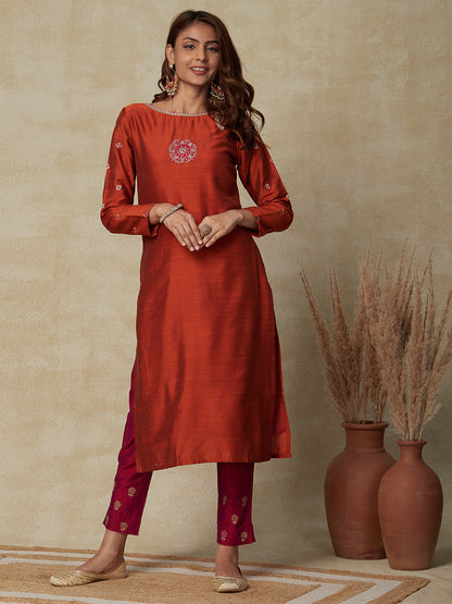 Solid Ethnic Zari Embroidered Straight Fit Kurta - Rust