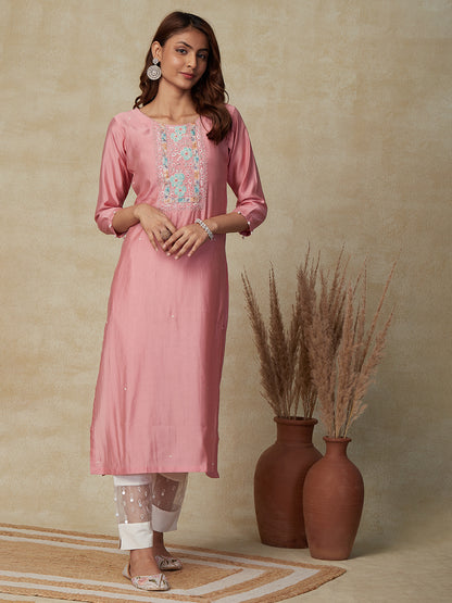 Solid Resham, Cutdana, Sequins & Pearl Embroidered Kurta - Pink