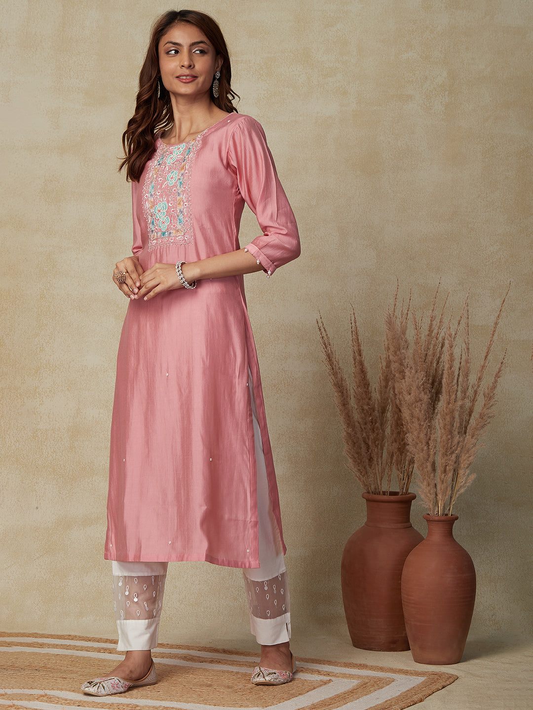 Solid Resham, Cutdana, Sequins & Pearl Embroidered Kurta - Pink