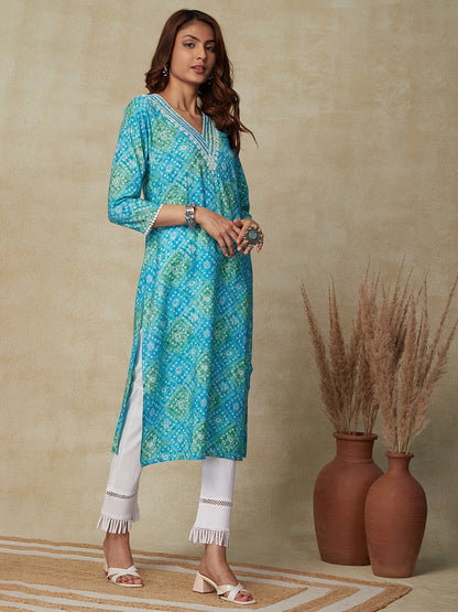 Ethnic Printed Resham & Sequins Embroidered Lace Work Kurta - Blue