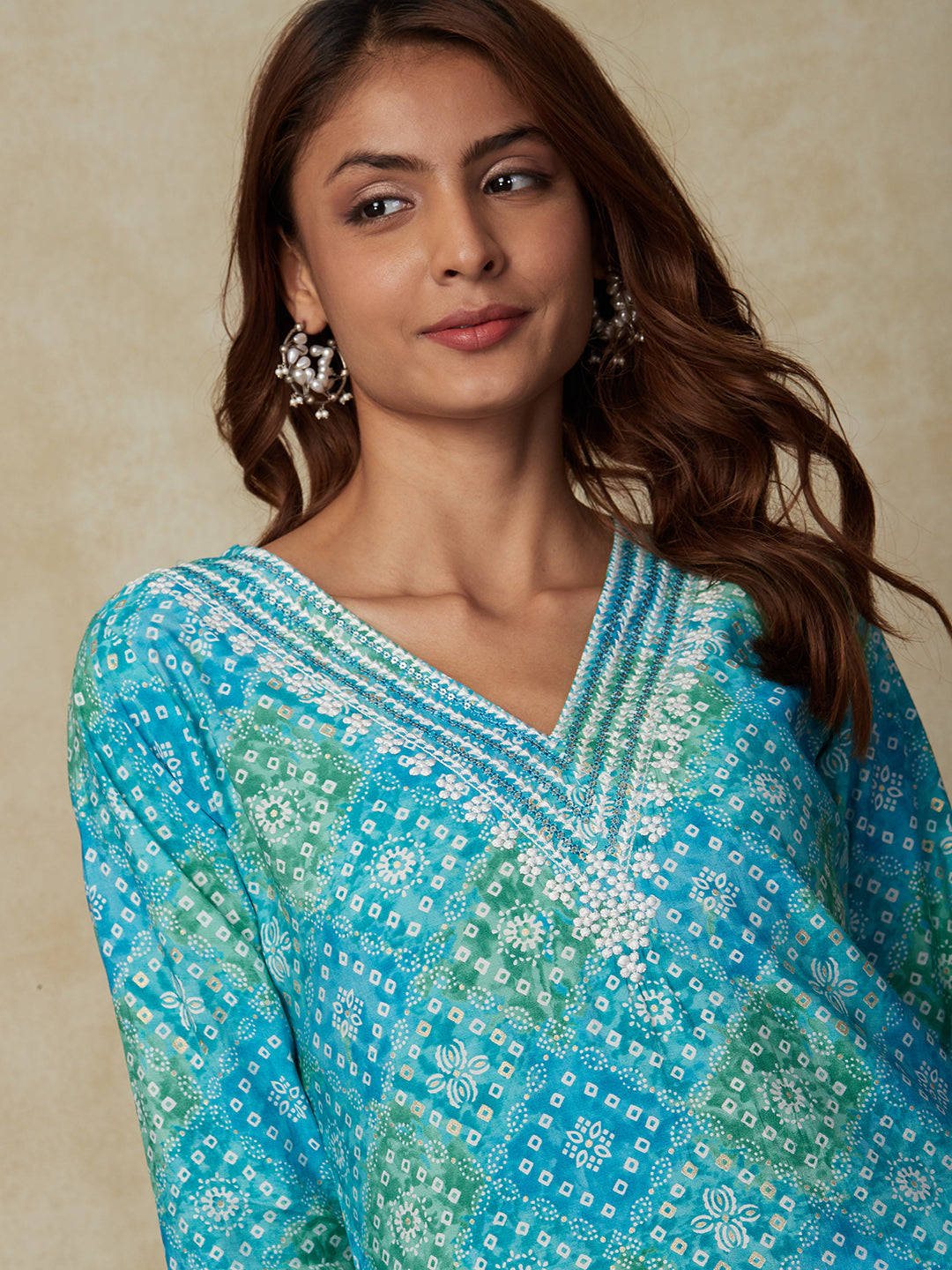 Ethnic Printed Resham & Sequins Embroidered Lace Work Kurta - Blue