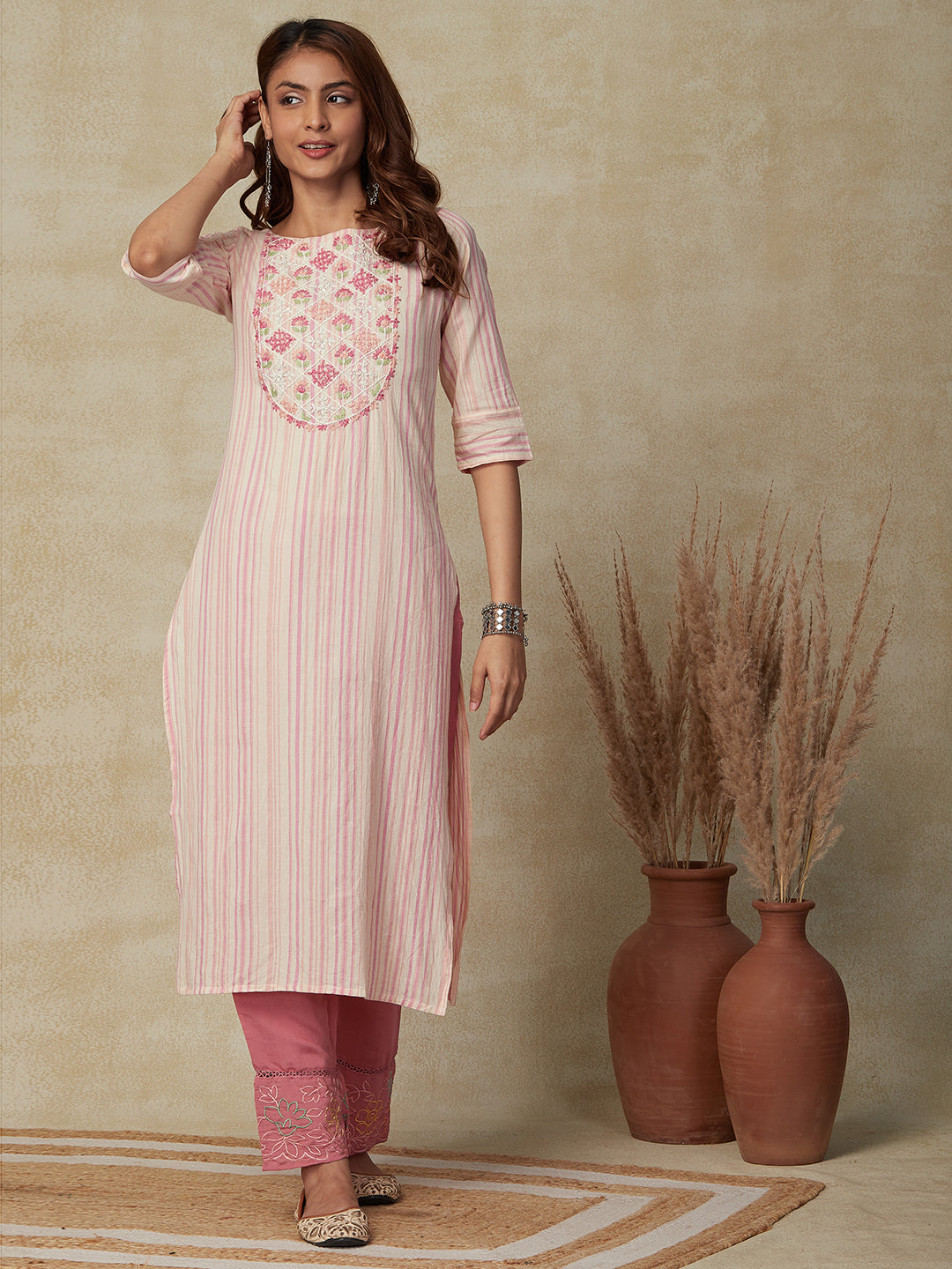Stripes Printed Resham & Sequins Embroidered Kurta - Cream & Pink