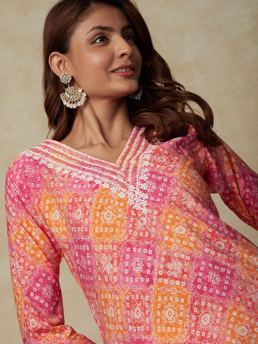 Ethnic Printed Resham & Sequins Embroidered Lace Work Kurta - Pink & Multi