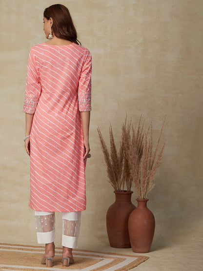 Leheriya Printed & Ethnic Embroidered Straight Fit Kurta - Pink