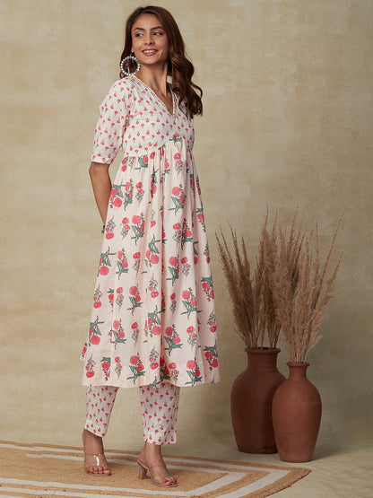 Ethnic Floral Printed A-Line Pleated Kurta with Pant - Off White
