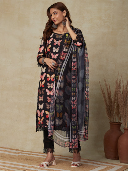 Butterfly Printed Cutdana, Beads & Mirror Embroidered Kurta with Polka Dotted Dupatta - Black