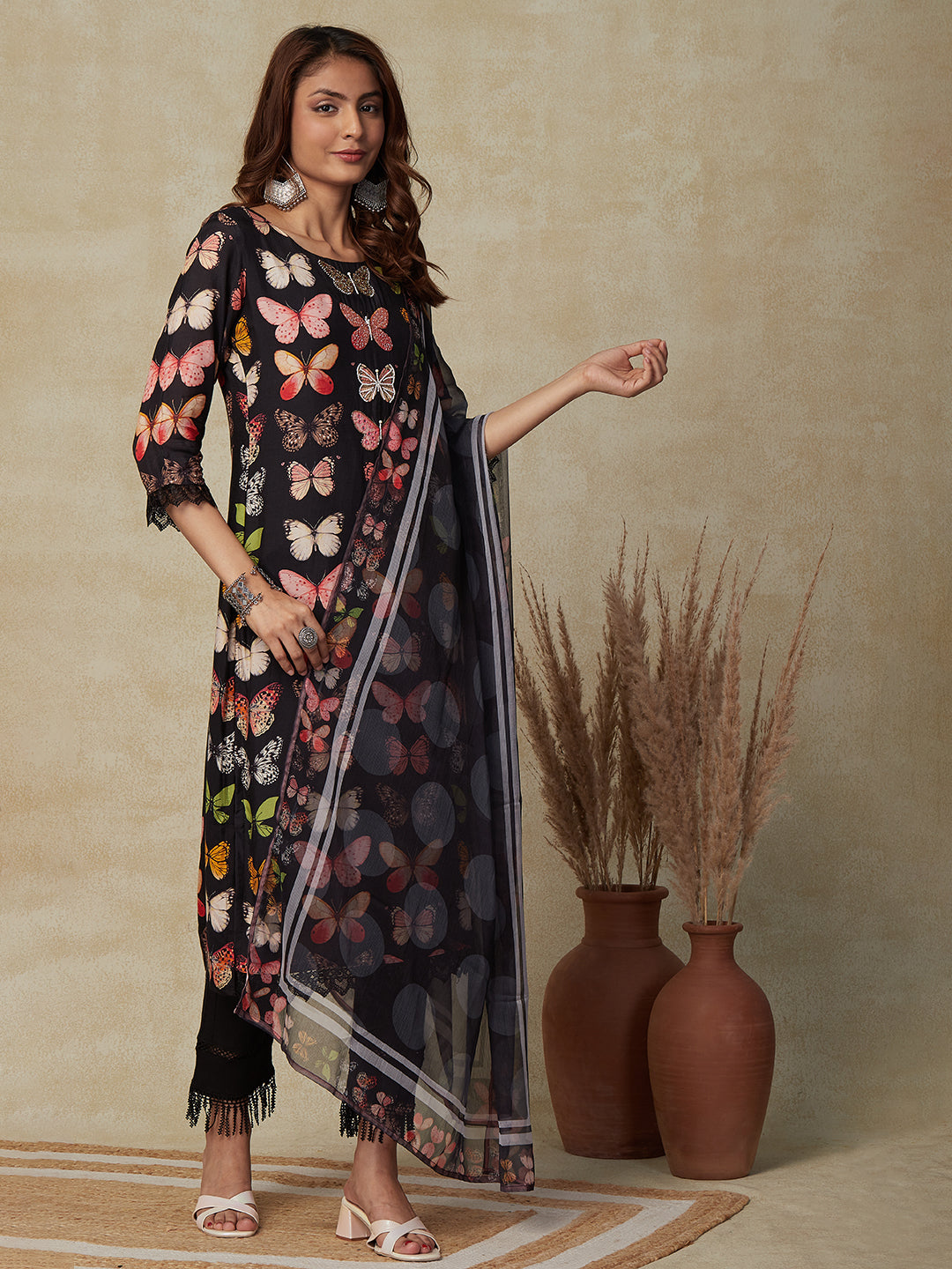 Butterfly Printed Cutdana, Beads & Mirror Embroidered Kurta with Polka Dotted Dupatta - Black