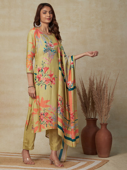 Floral Printed Cutdana, Beads & Sequins Embroidered kurta with Pants & Dupatta - Olive