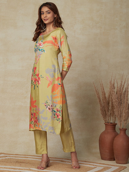 Floral Printed Cutdana, Beads & Sequins Embroidered kurta with Pants & Dupatta - Olive
