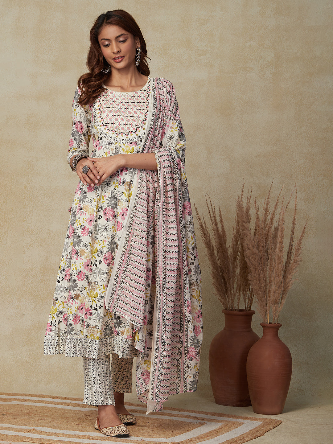 Floral Printed Resham & Zari Embroidered Anarkali Kurta with Pants & Dupatta - Off White