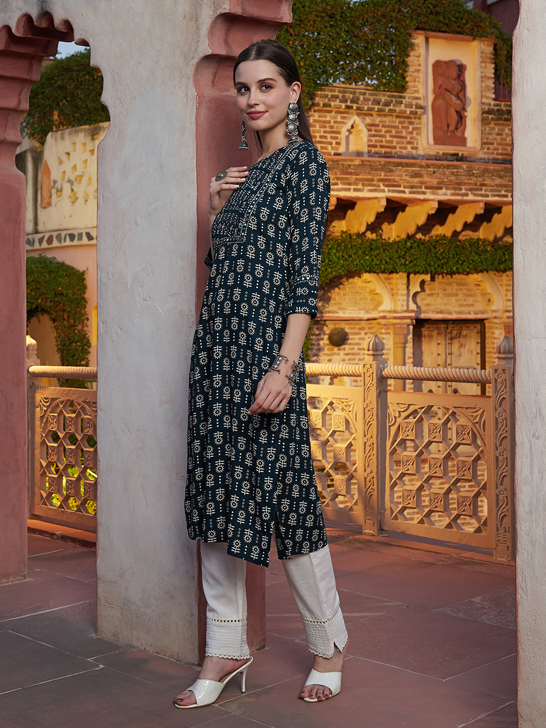 Abstract Printed Mirror & Resham Embroidered Smocked Yoke Kurta - Dark Green