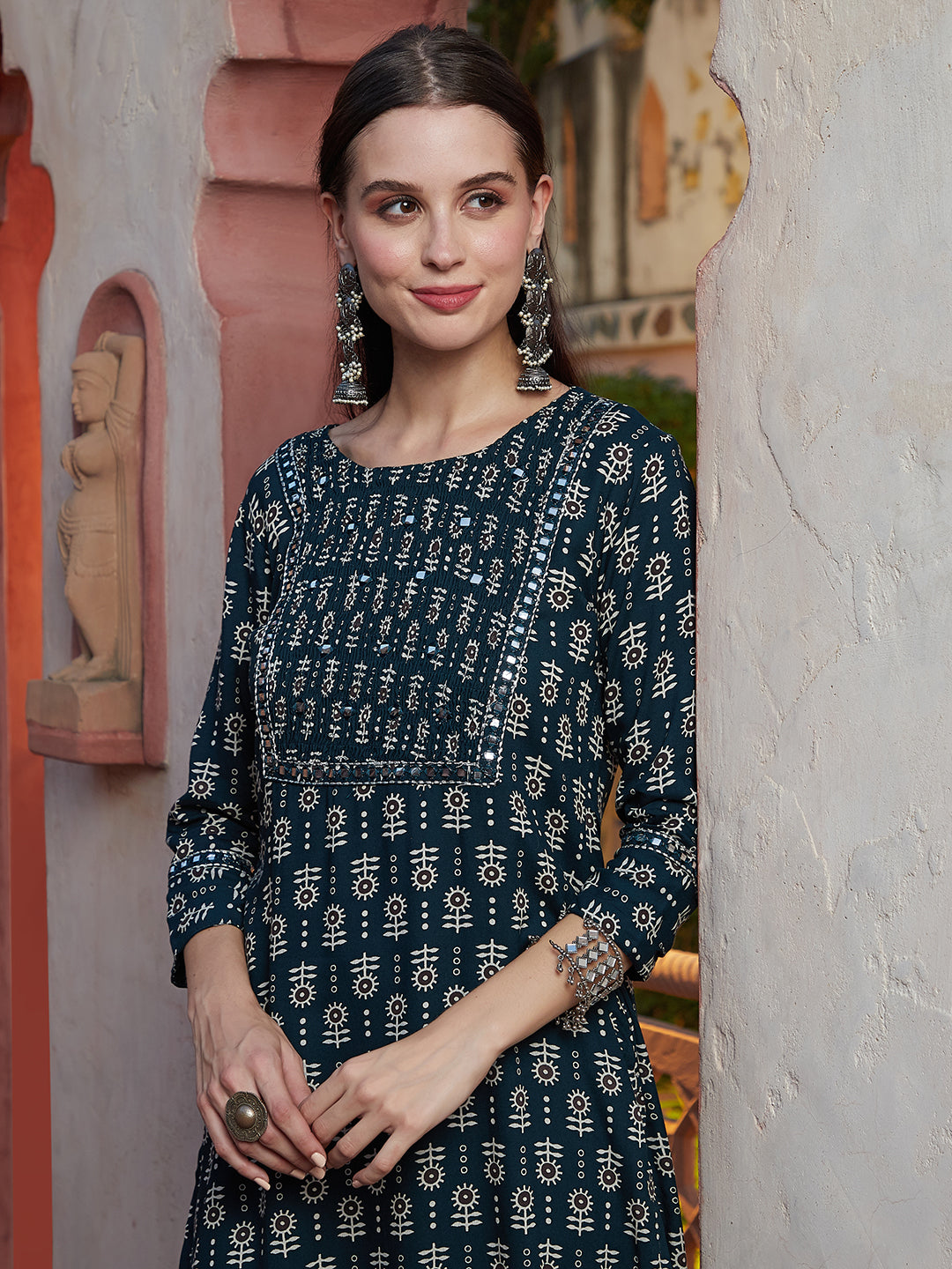 Abstract Printed Mirror & Resham Embroidered Smocked Yoke Kurta - Dark Green