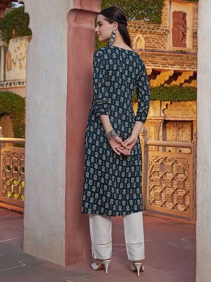 Abstract Printed Mirror & Resham Embroidered Smocked Yoke Kurta - Dark Green