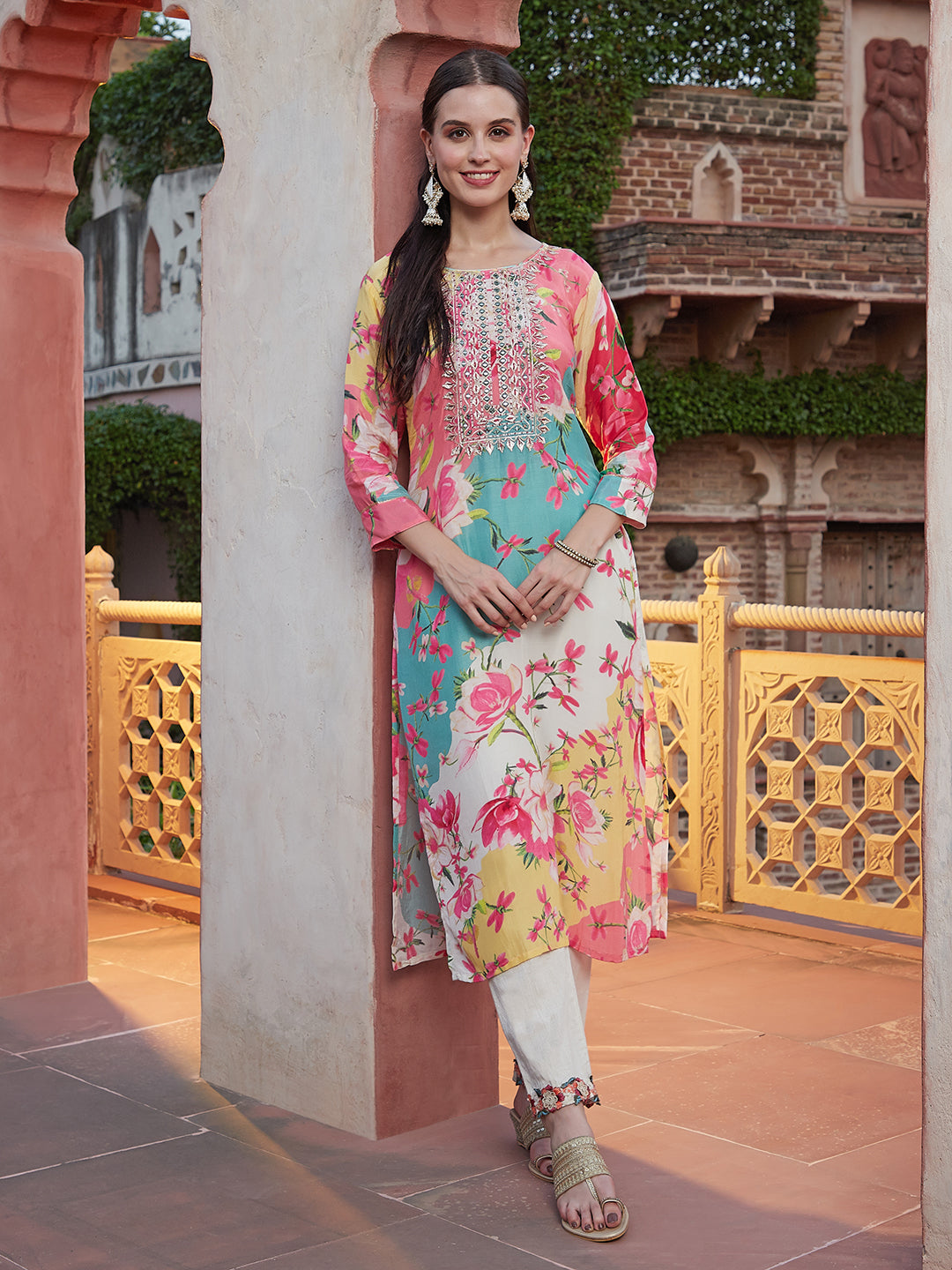 Stripes & Floral Printed & Embroidered Straight Fit Kurta - Multi