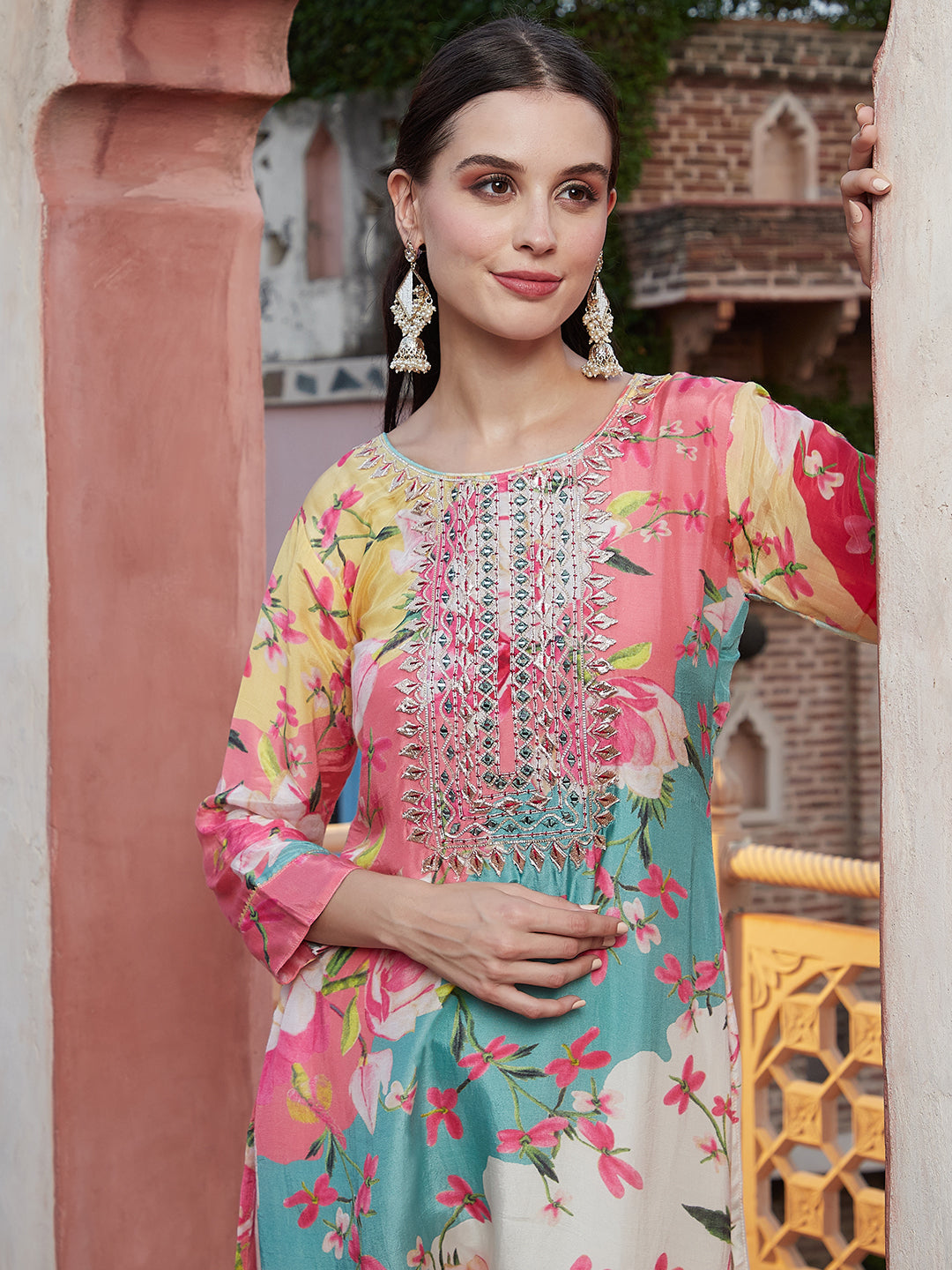 Stripes & Floral Printed & Embroidered Straight Fit Kurta - Multi