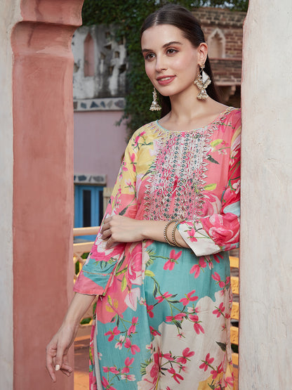 Stripes & Floral Printed & Embroidered Straight Fit Kurta - Multi