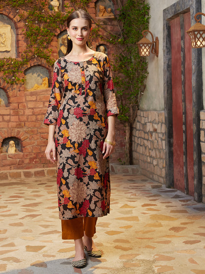 Floral Printed Resham & Beads Embellished Mul-Cotton Kurta - Black