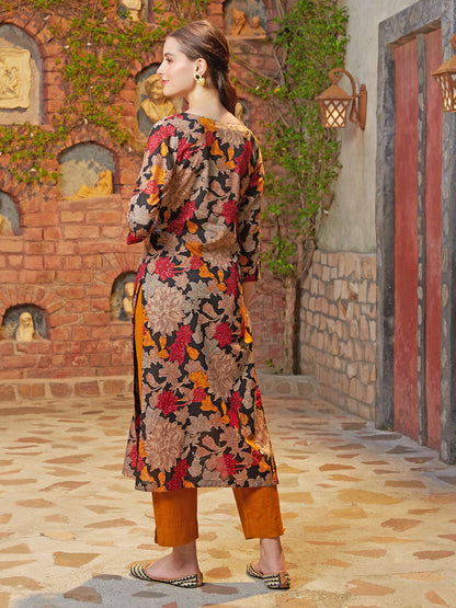 Floral Printed Resham & Beads Embellished Mul-Cotton Kurta - Black