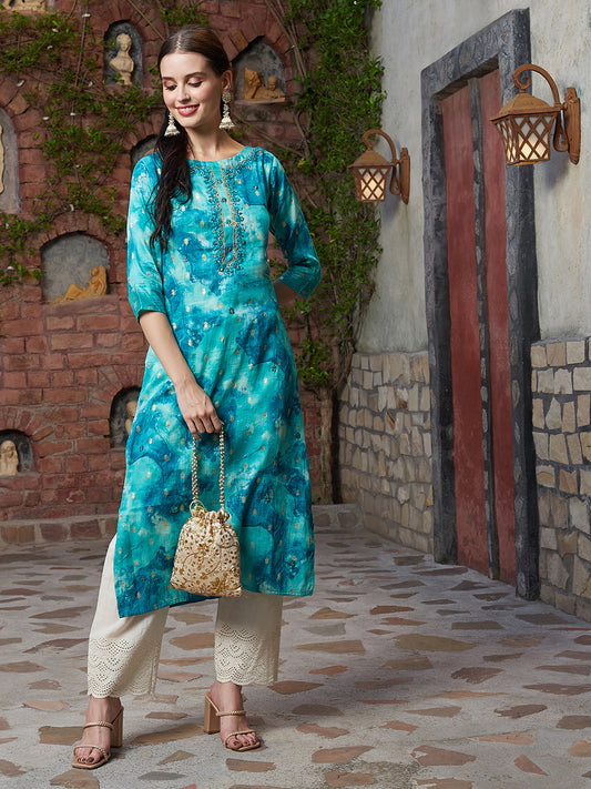 Abstract Printed & Hand Embroidered Straight Fit Kurta - Turquoise Blue