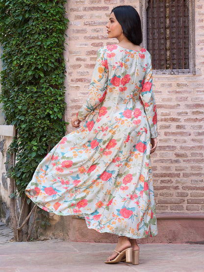 Floral Printed Mirror, Resham & Sequins Embroidered Kalidar Indo Western Maxi Dress - Multi