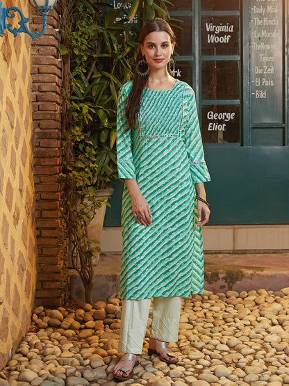 Lehriya Printed Mirror Embroidered Smocked Yoke Kurta - Green