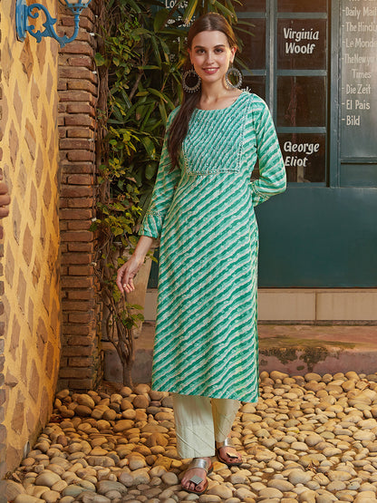 Lehriya Printed Mirror Embroidered Smocked Yoke Kurta - Green