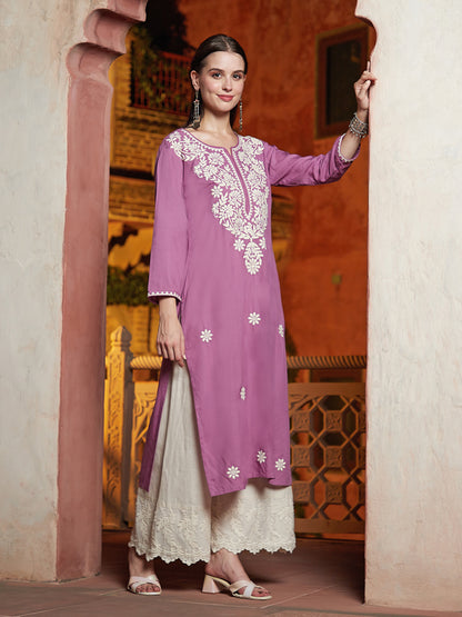 Solid Resham Floral Embroidered Kurta - Purple