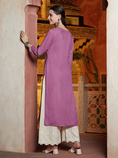 Solid Resham Floral Embroidered Kurta - Purple