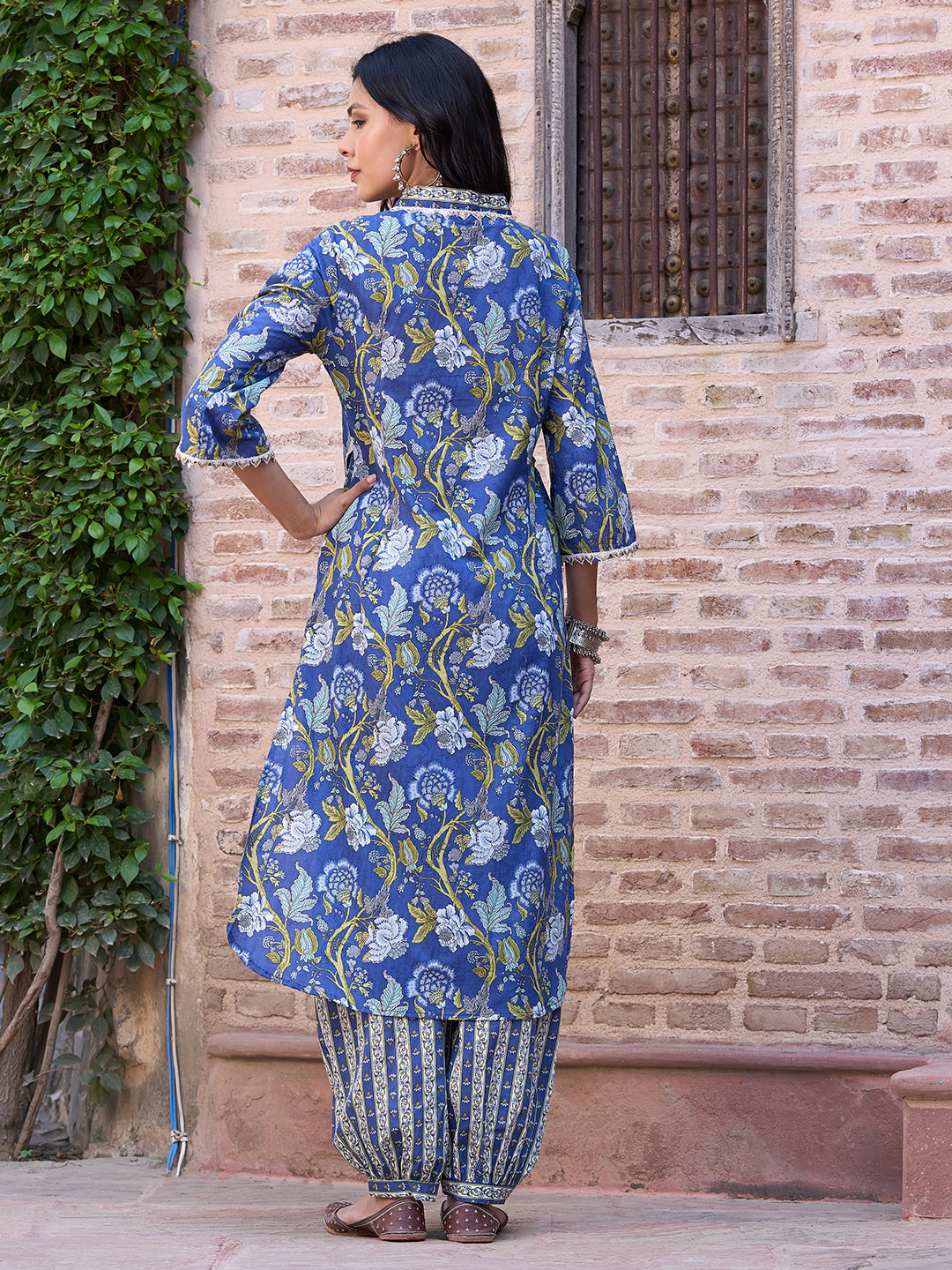 Floral Printed Sequins & Resham Dori Embroidered Lace Work Kurta with Salwar Pants - Blue