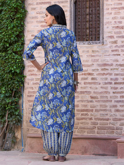 Floral Printed Sequins & Resham Dori Embroidered Lace Work Kurta with Salwar Pants - Blue