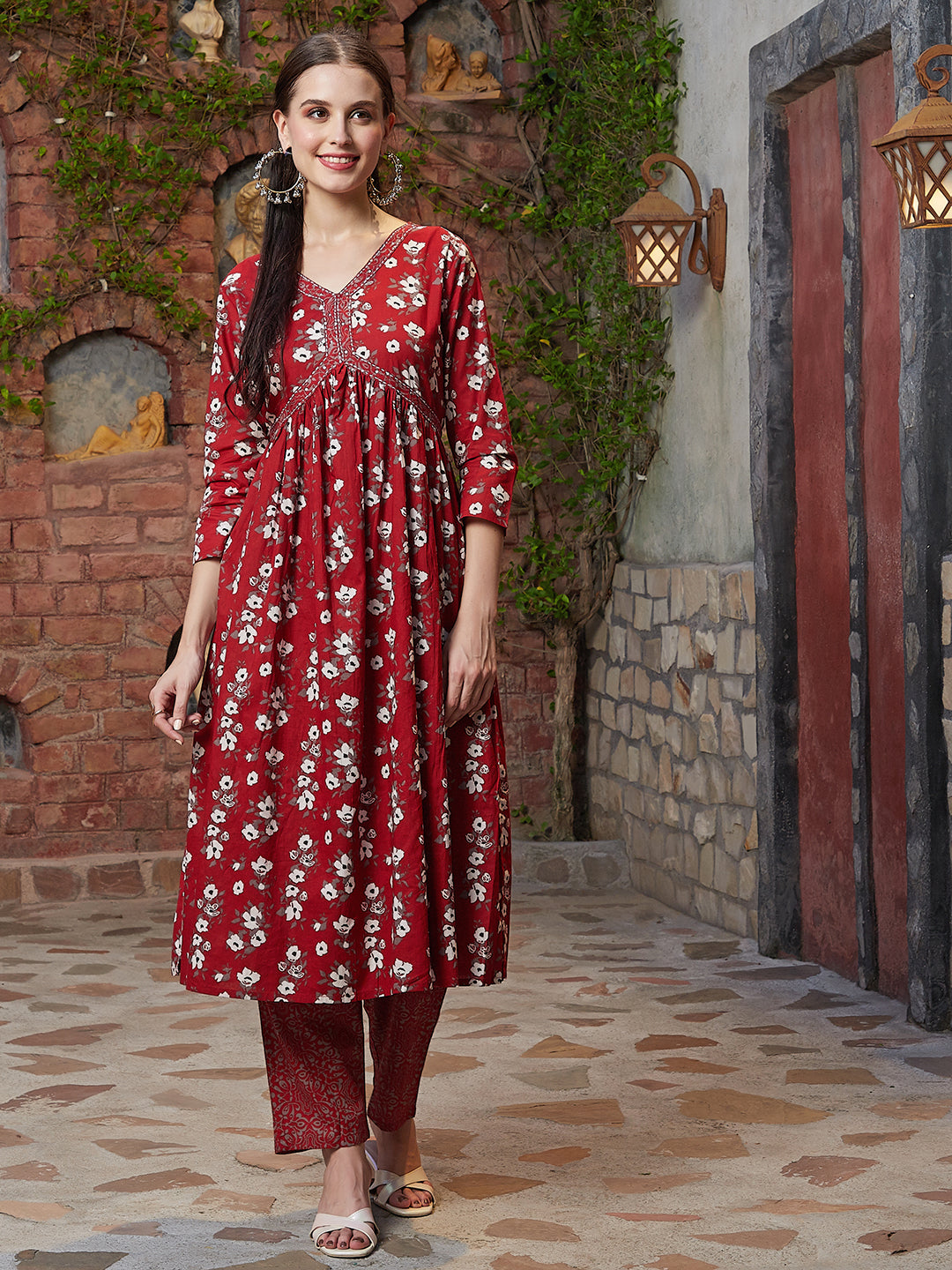 Floral Printed A-Line Gathered Kurta with Pant - Rust