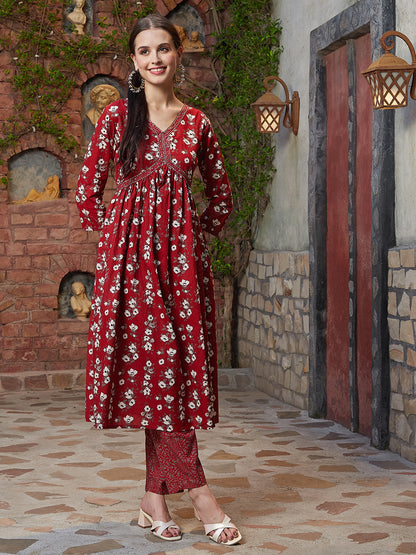 Floral Printed A-Line Gathered Kurta with Pant - Rust