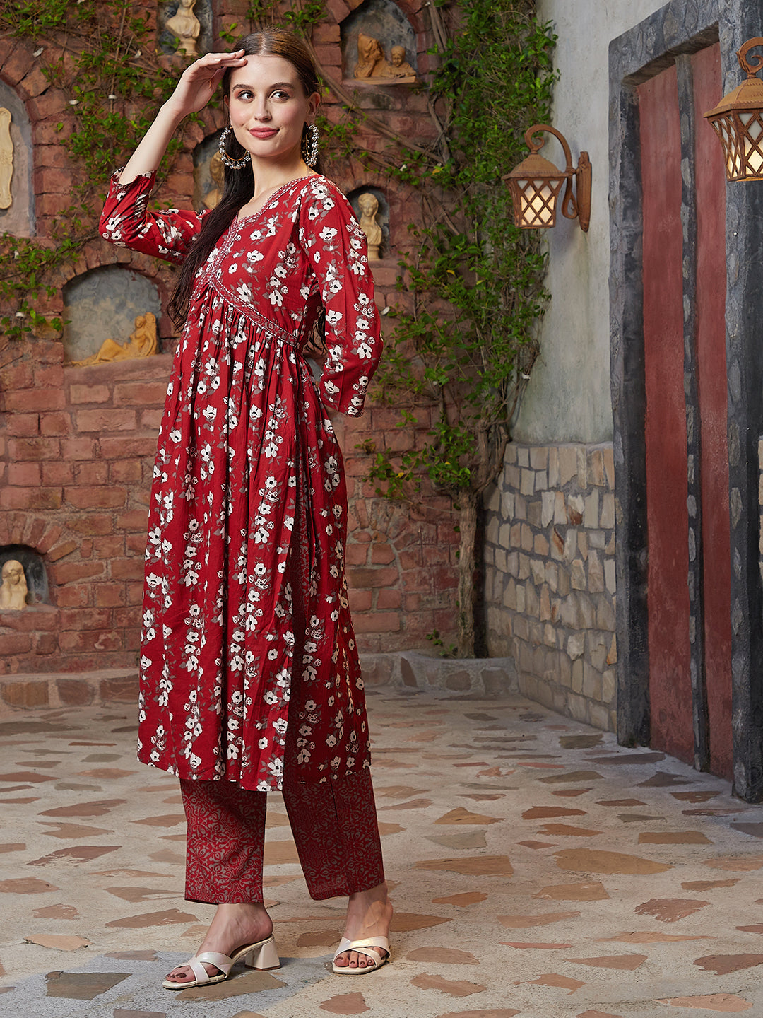 Floral Printed A-Line Gathered Kurta with Pant - Rust