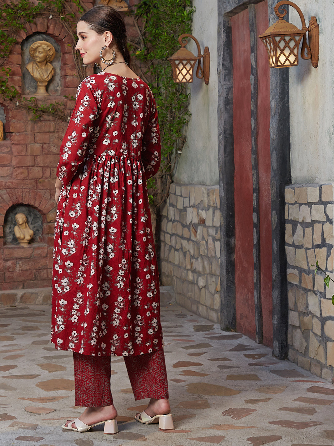 Floral Printed A-Line Gathered Kurta with Pant - Rust