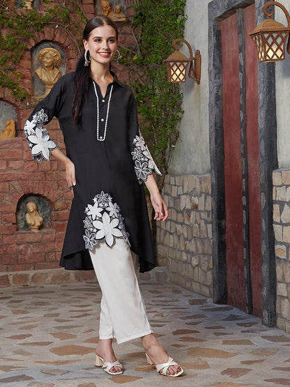 Solid Resham & Applique Embroidered Asymmetric High-Low Hem Kurta with Pants - Black