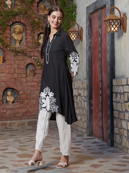 Solid Resham & Applique Embroidered Asymmetric High-Low Hem Kurta with Pants - Black