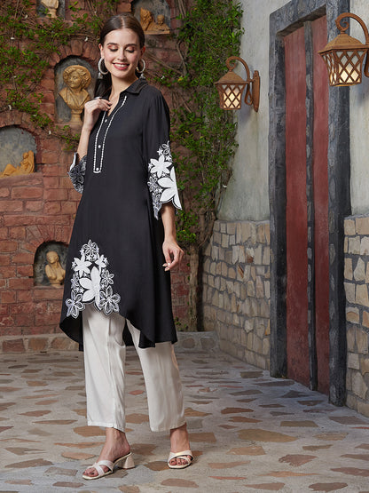 Solid Resham & Applique Embroidered Asymmetric High-Low Hem Kurta with Pants - Black