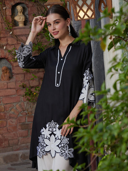 Solid Resham & Applique Embroidered Asymmetric High-Low Hem Kurta with Pants - Black